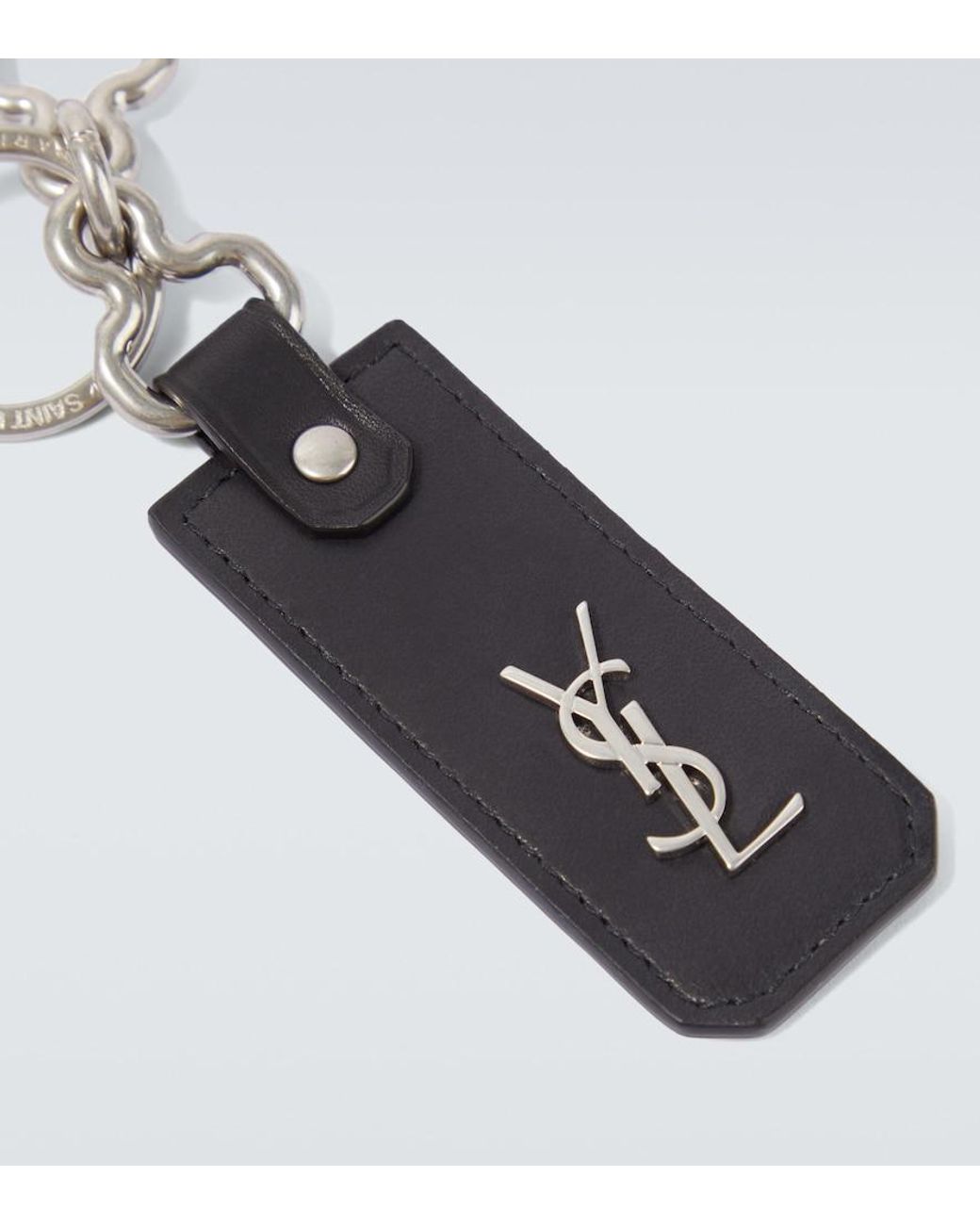 Saint Laurent White Cassandre Leather Keychain for men