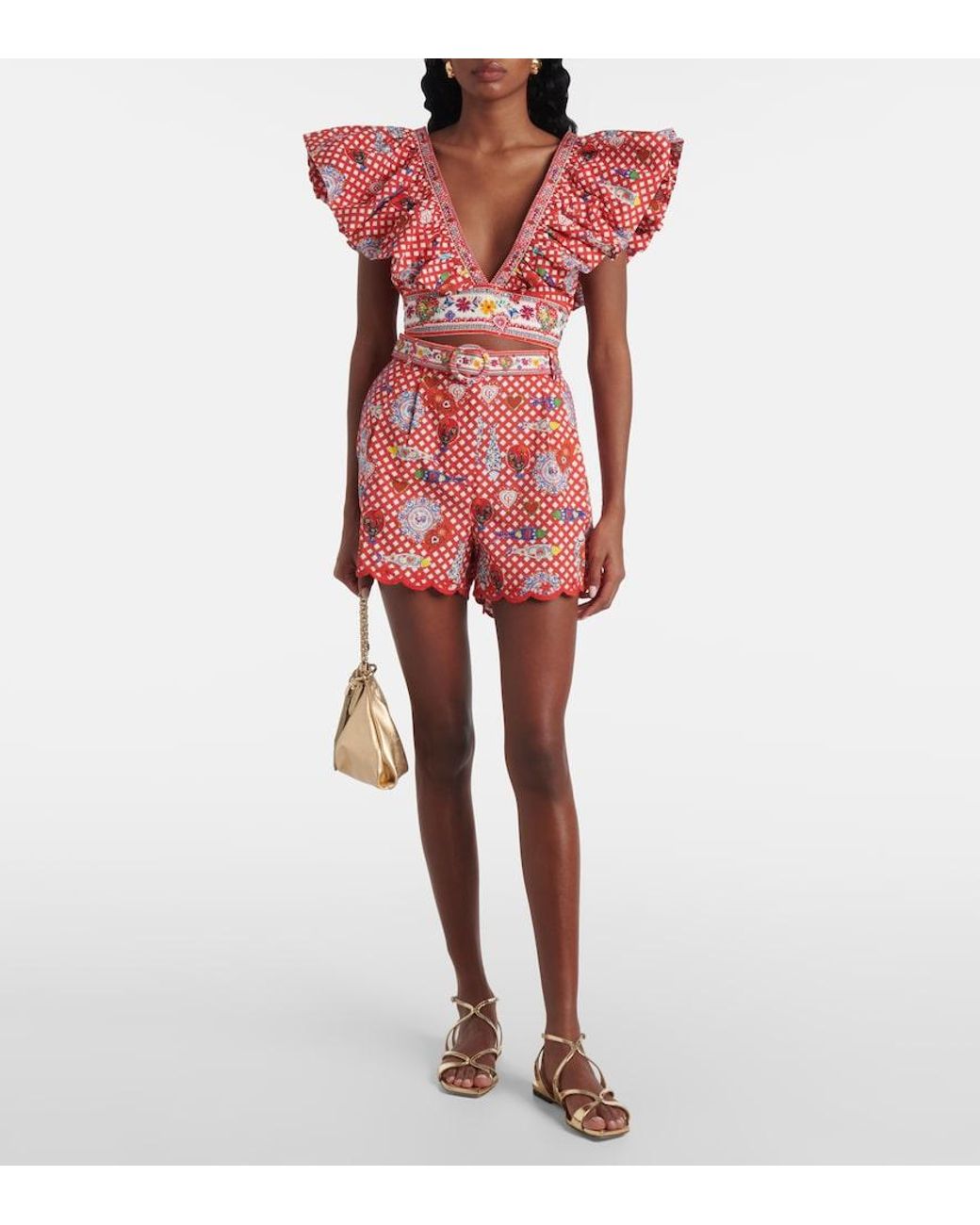 Camilla Red Printed Ruffled Cotton Top