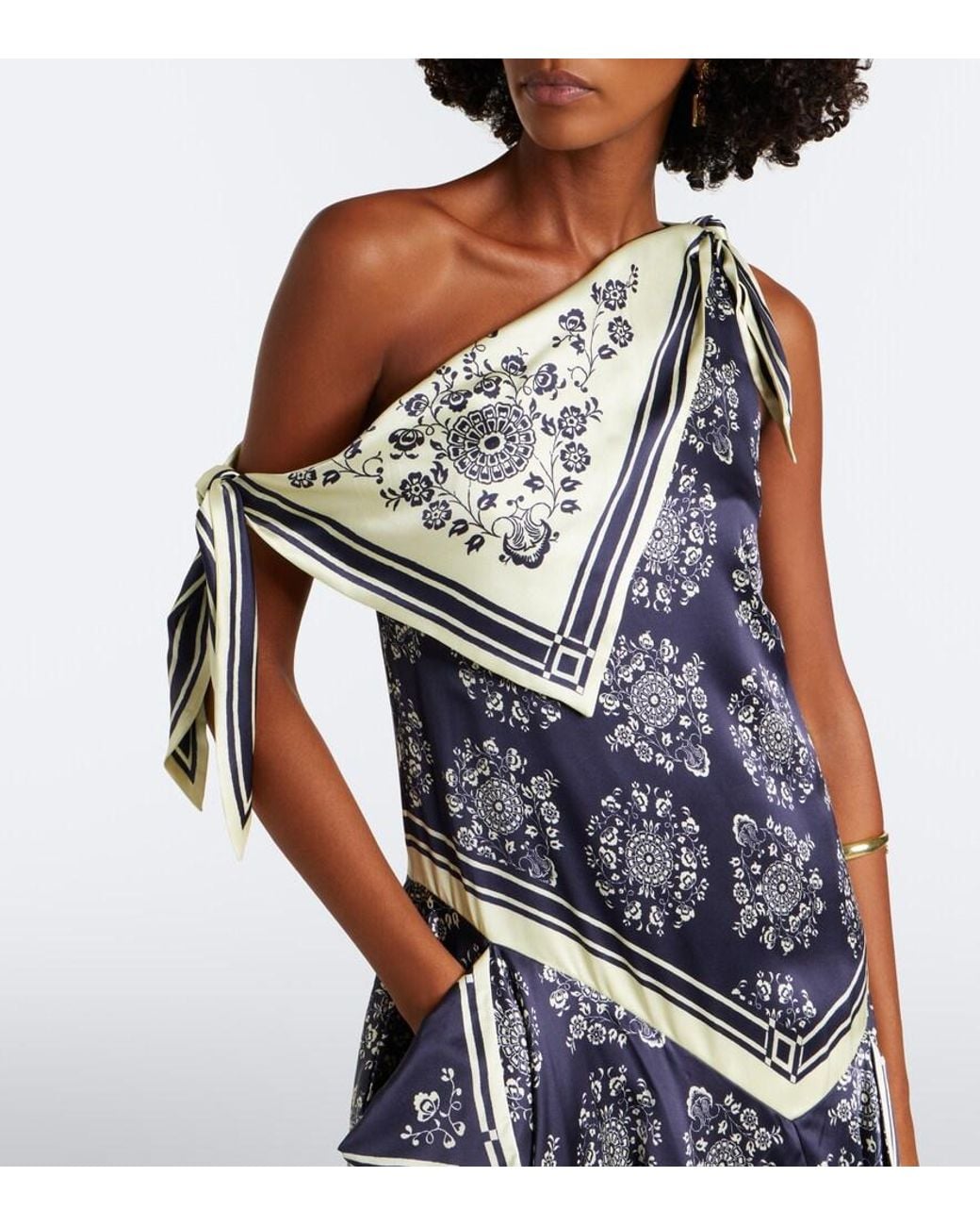 ALÉMAIS Blue Banderra Asymmetric Floral Silk Midi Dress