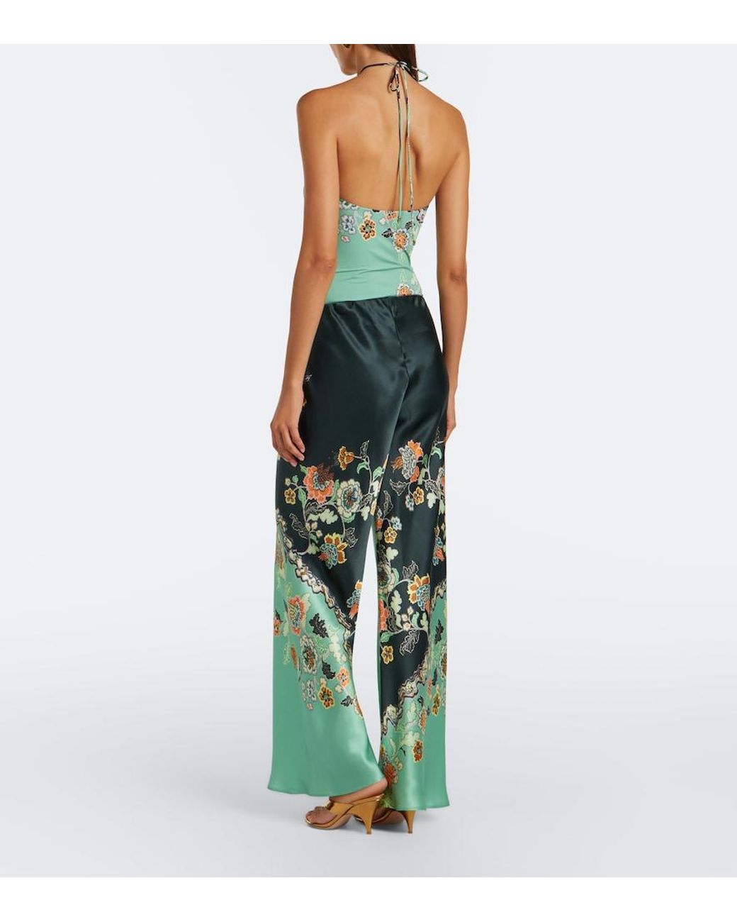 Roberto Cavalli Green Floral Silk Satin Flared Pants