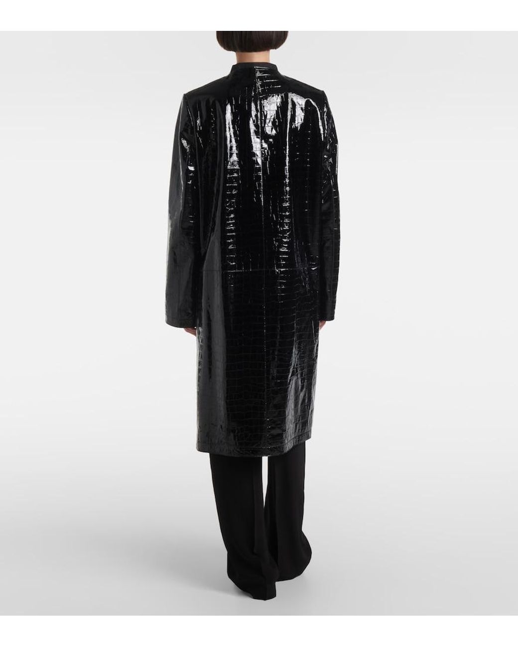 Totême Black Croc-Effect Embossed Leather Coat