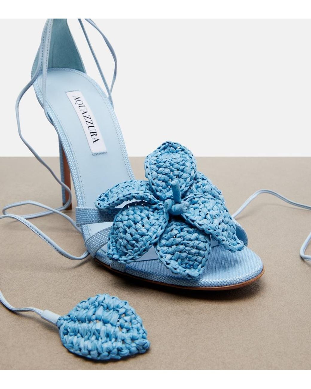 Aquazzura Blue Calypso Floral-Applique Raffia Sandals