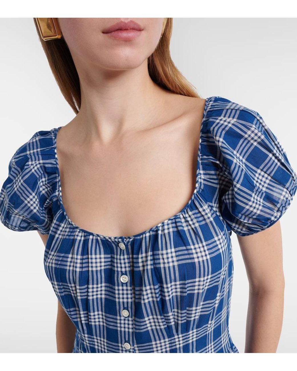 Doen Blue Valenne Checked Cotton Midi Dress