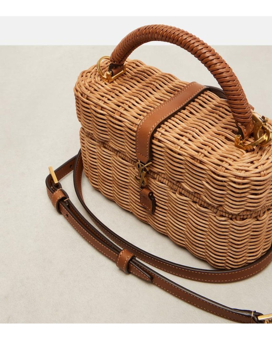 Saint Laurent Brown Gaby Leather-Trimmed Wicker Vanity Bag