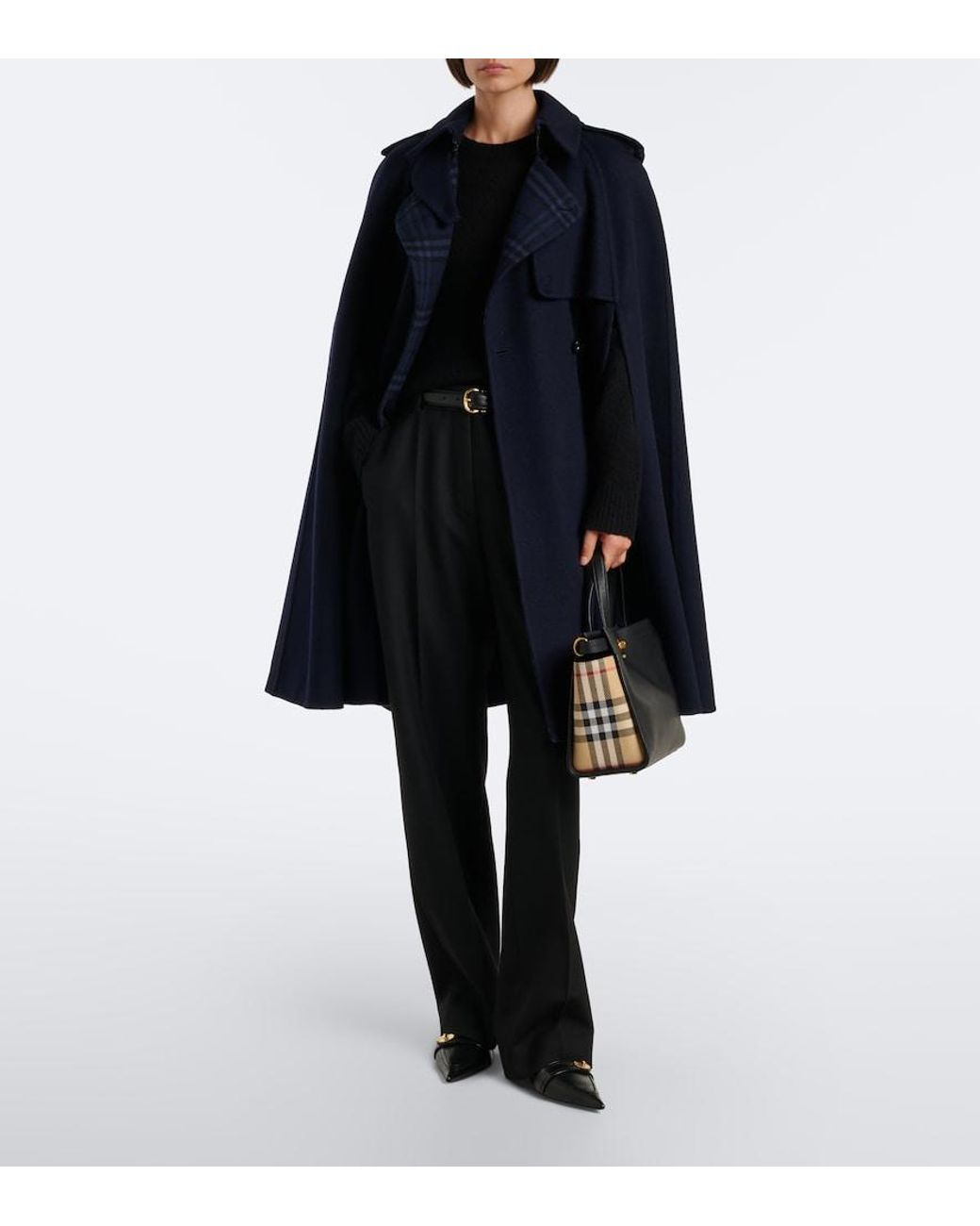 Burberry Blue Check Belted Wool Cape