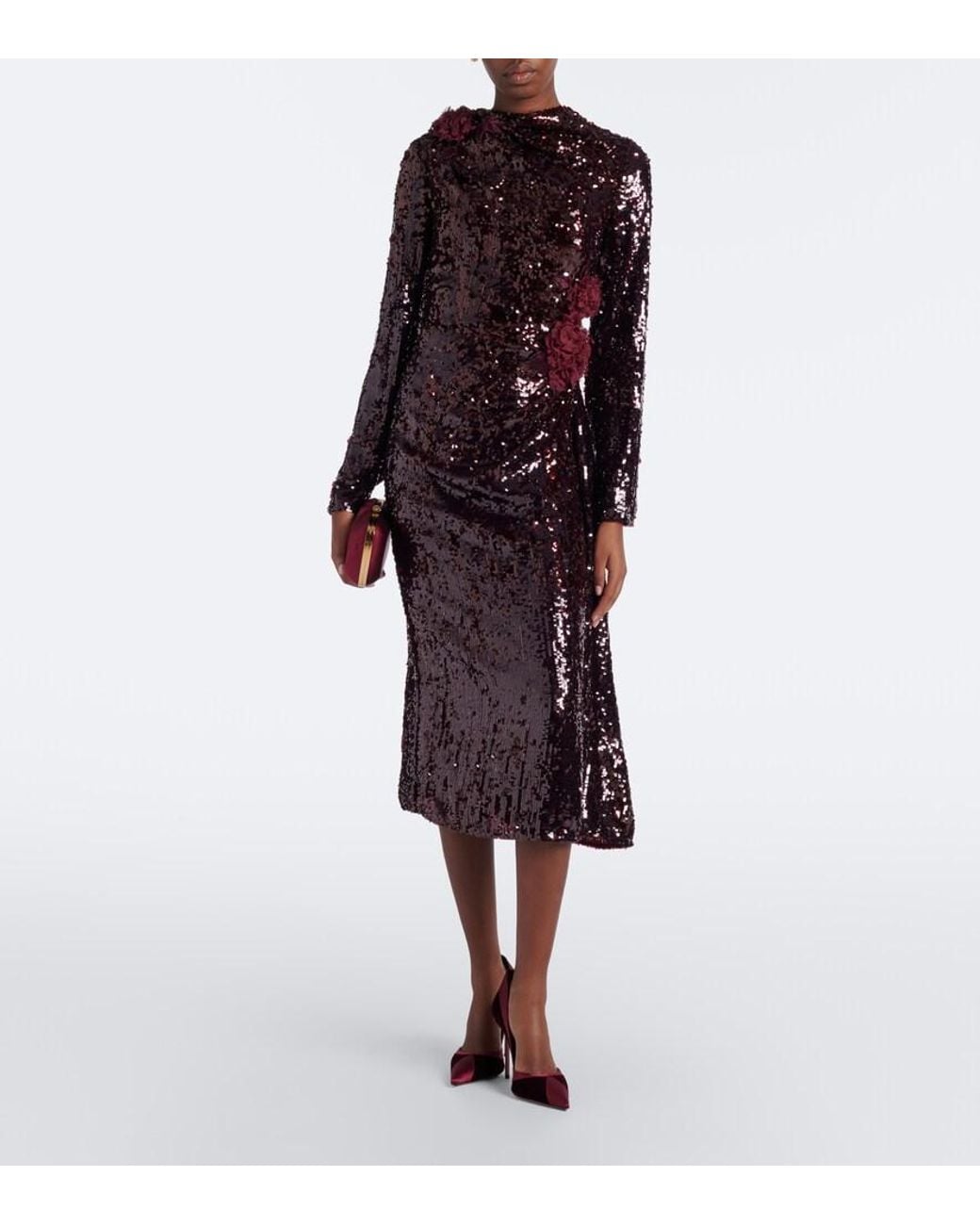 Erdem Floral-Applique Gathered Sequined Midi Dress