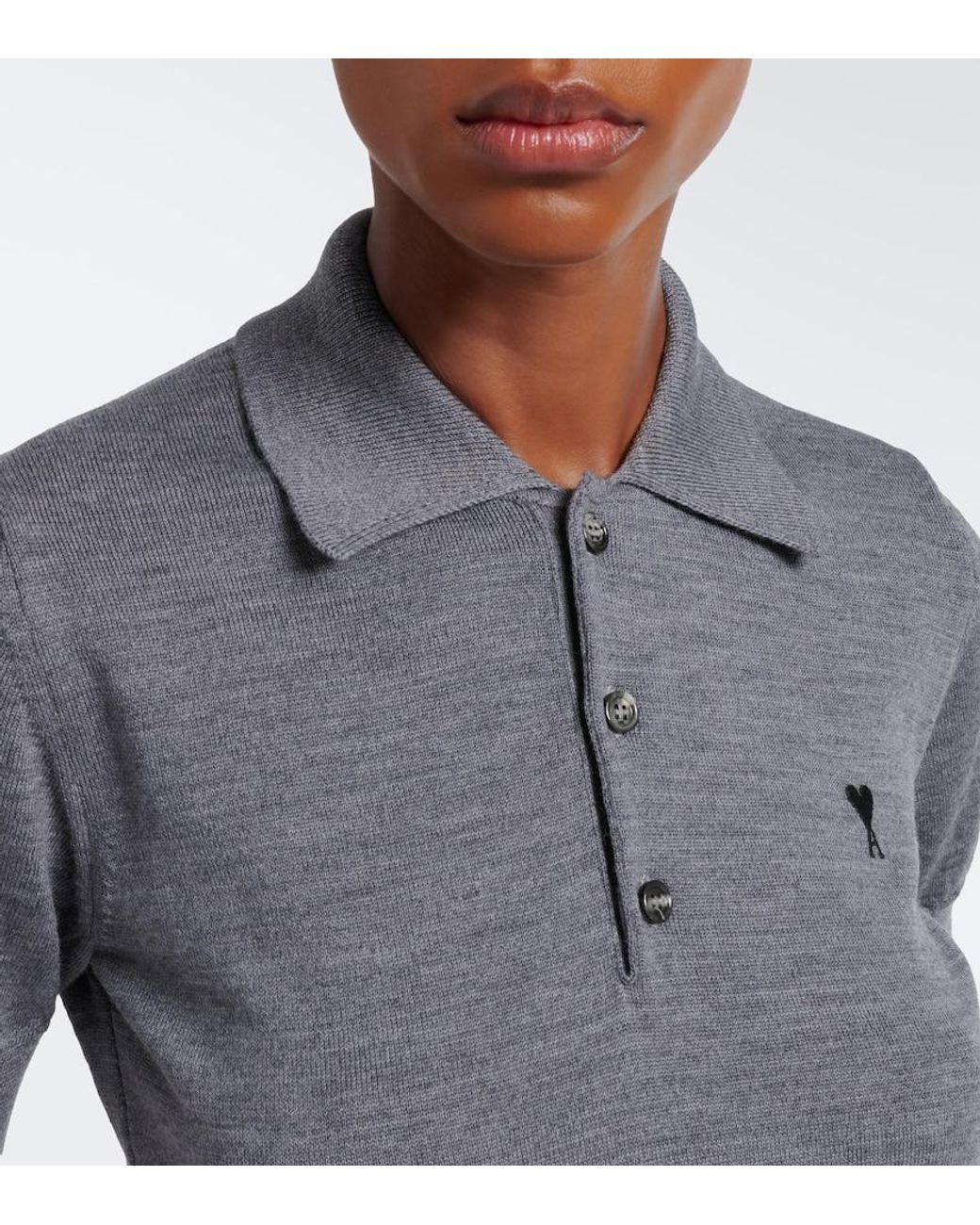 AMI Gray Ami De Coeur Wool Polo Shirt