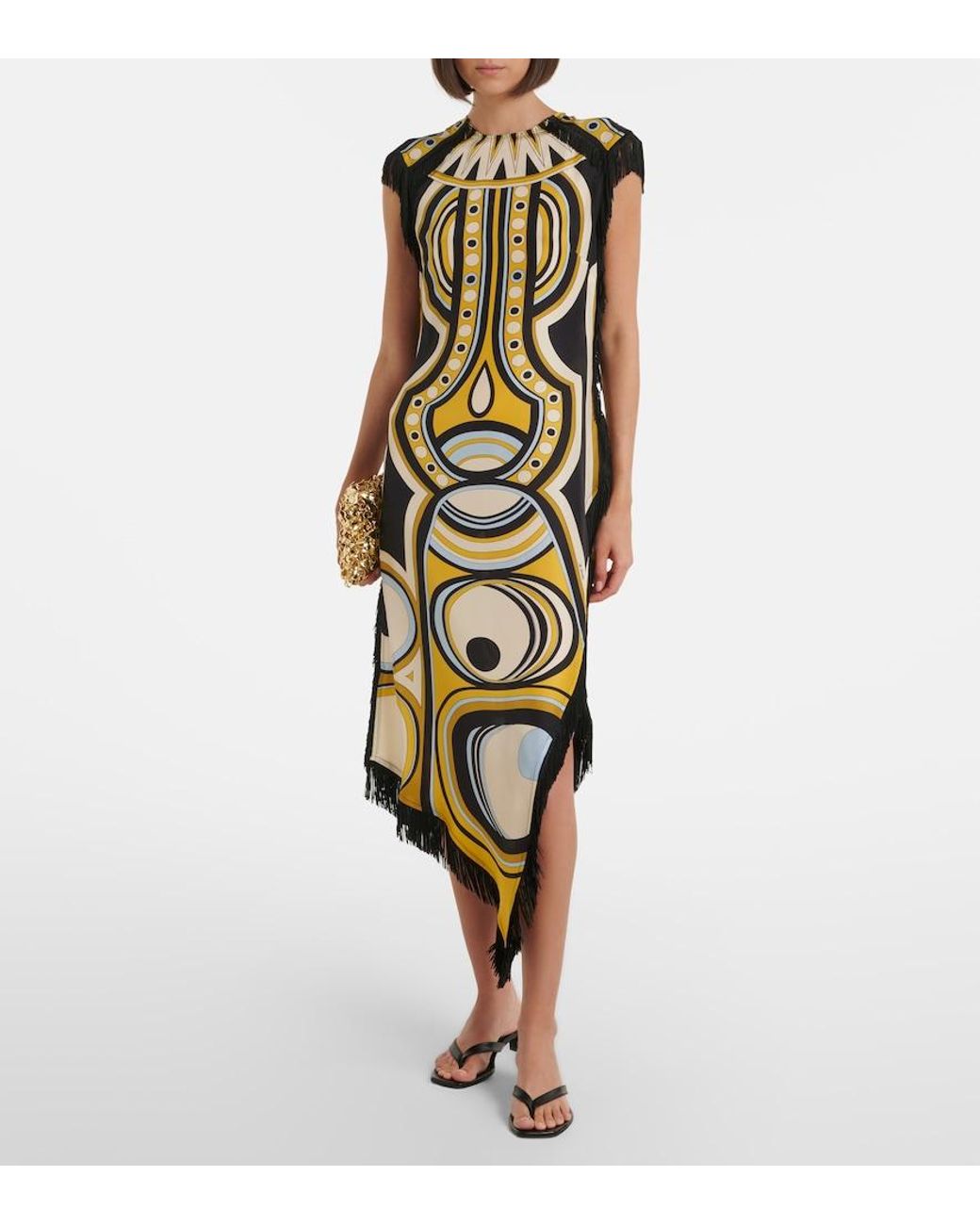LaDoubleJ Metallic Scarf Fringed Printed Silk Voile Midi Dress