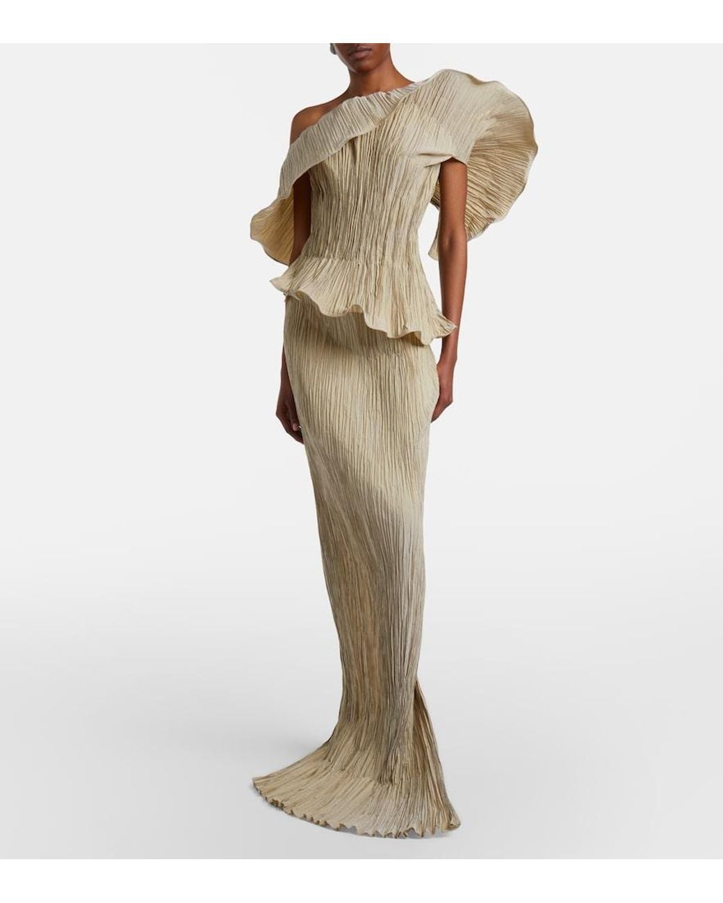 Marmar Halim Natural One-Shoulder Pleated Taffeta Gown