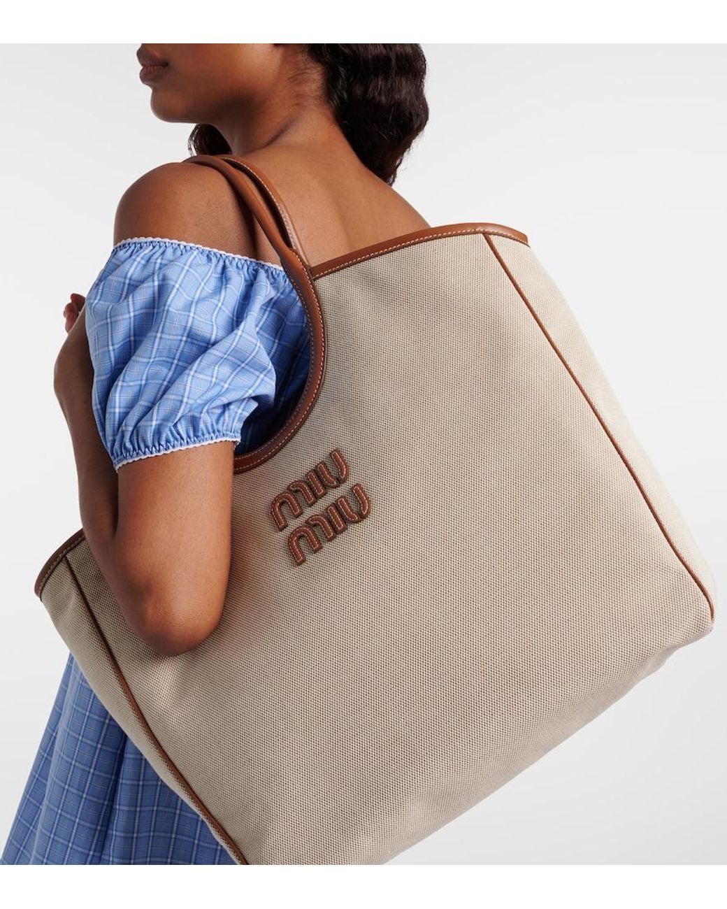 Miu Miu Natural Ivy Leather-Trimmed Canvas Shopper