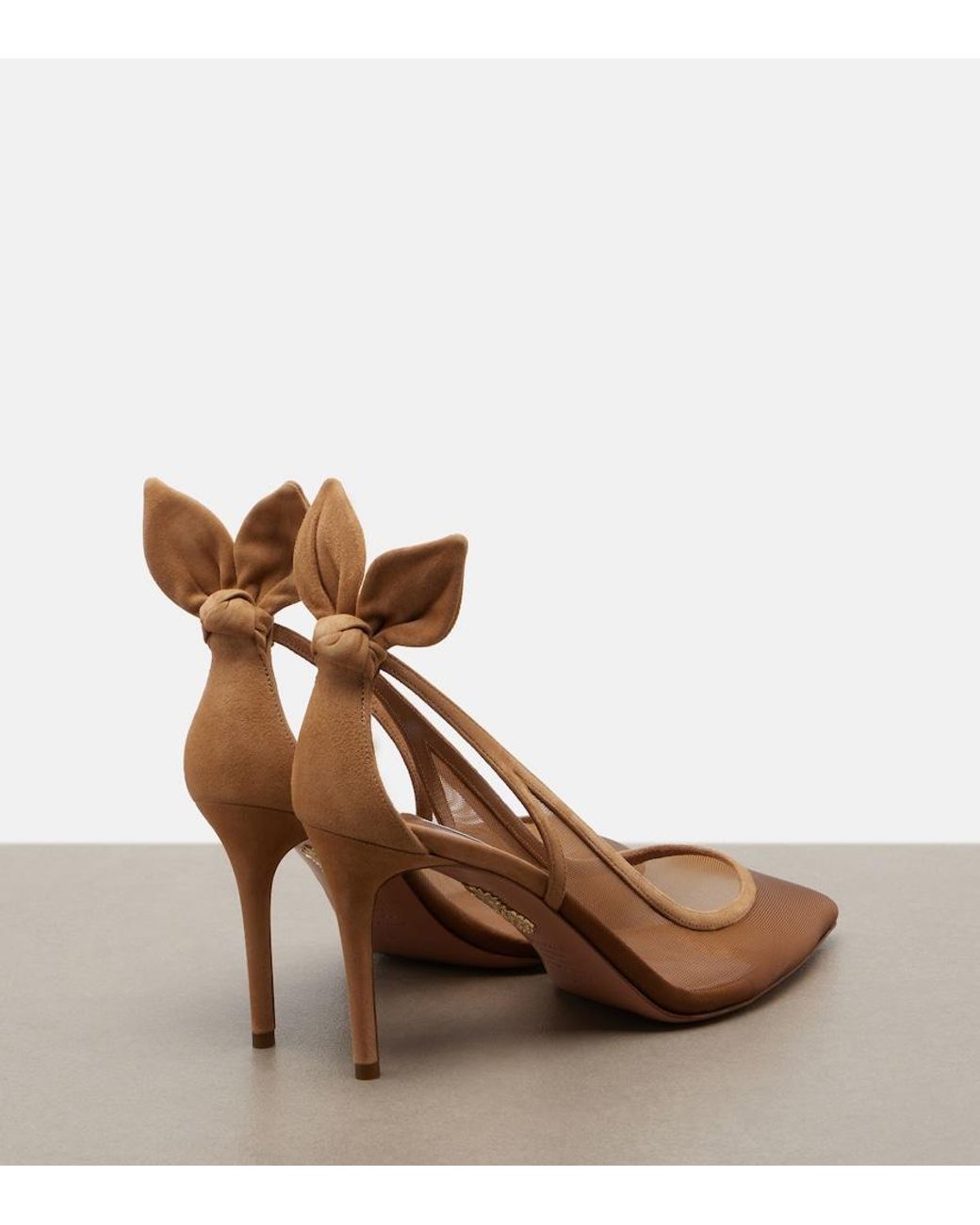 Aquazzura Brown Bow Tie Suede-Trimmed Mesh Pumps