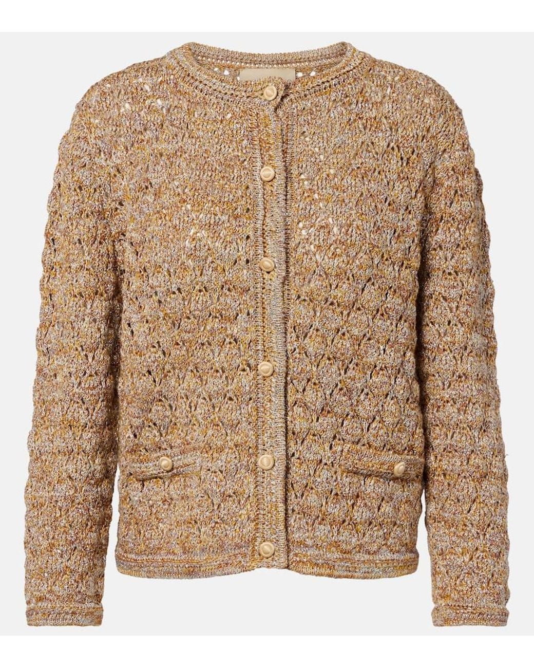 Valentino Garavani Brown Open-Knit Linen-Blend Lame Cardigan