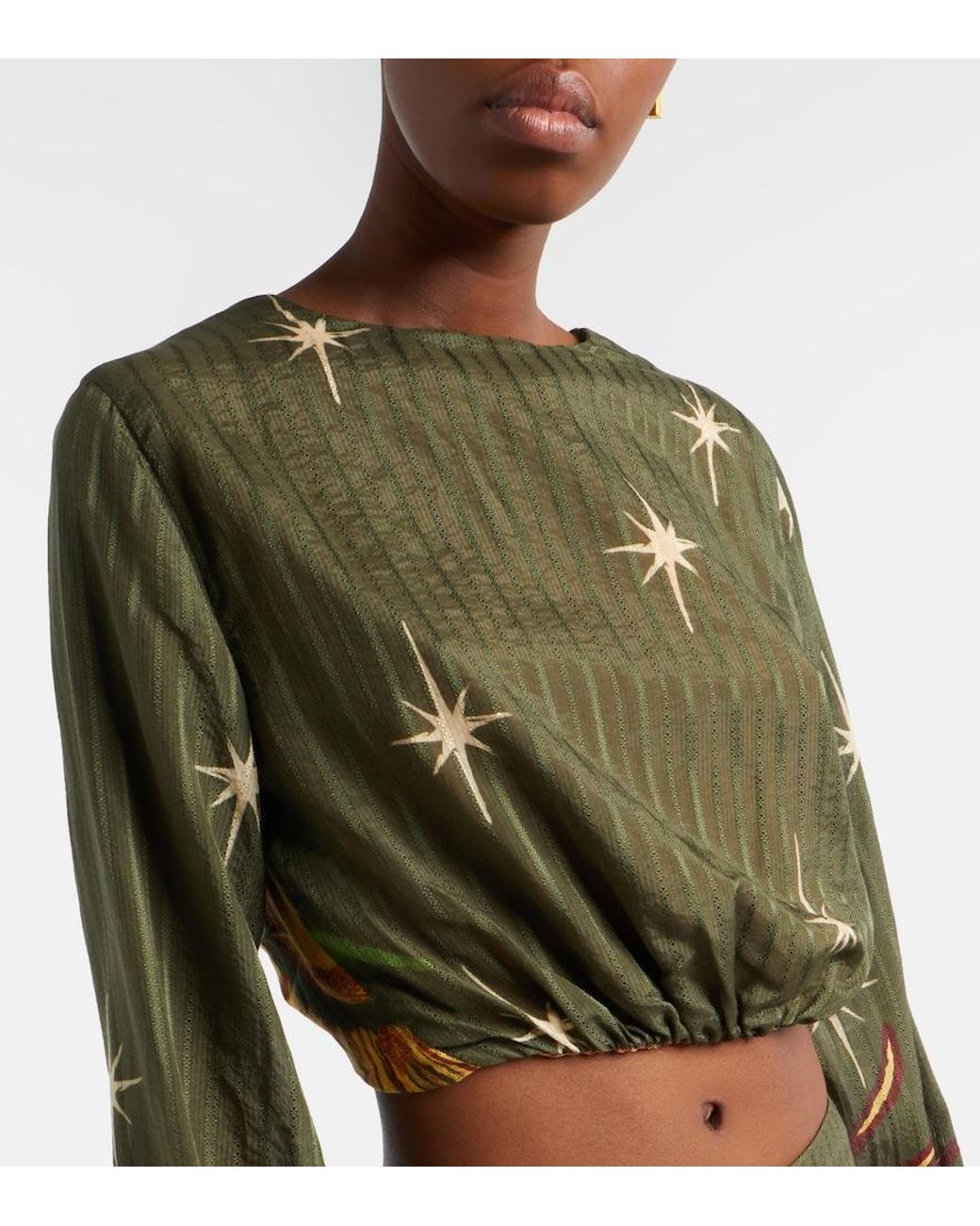 Johanna Ortiz Green Printed Silk And Cotton Jacquard Blouse