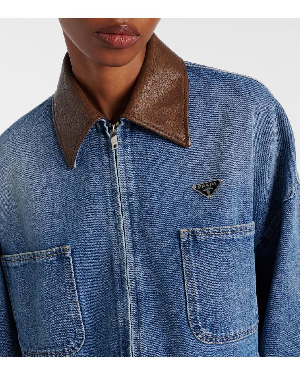 Prada Blue Leather-Trimmed Cropped Denim Jacket