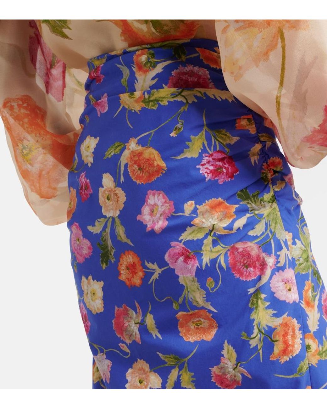 Carolina Herrera Blue Floral Ruched Cotton-Blend Midi Skirt