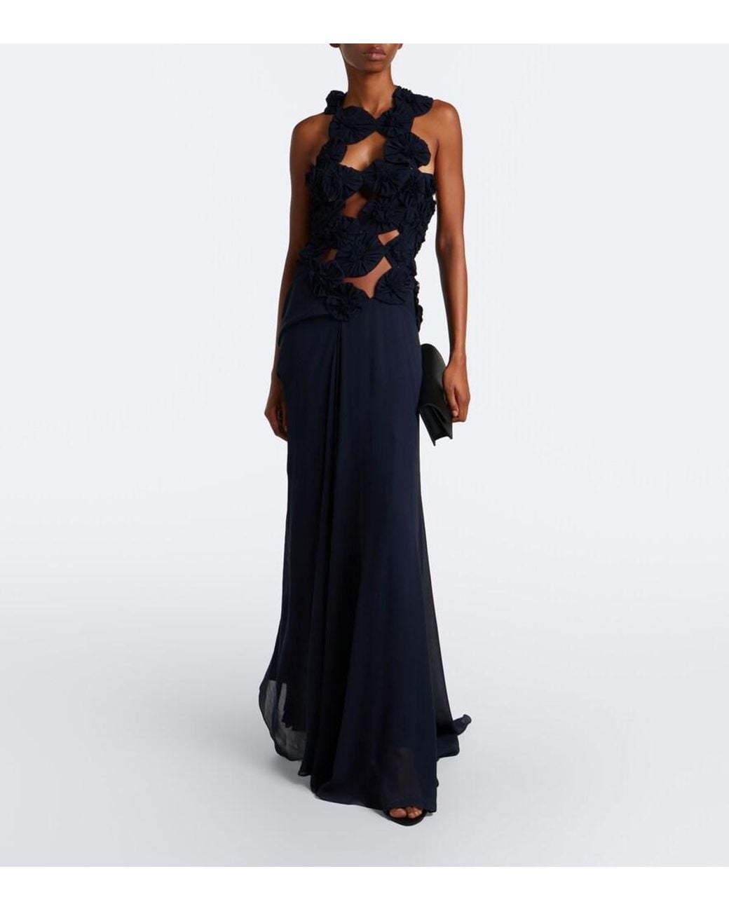 Victoria Beckham Blue Cutout Floral-Applique Silk Gown