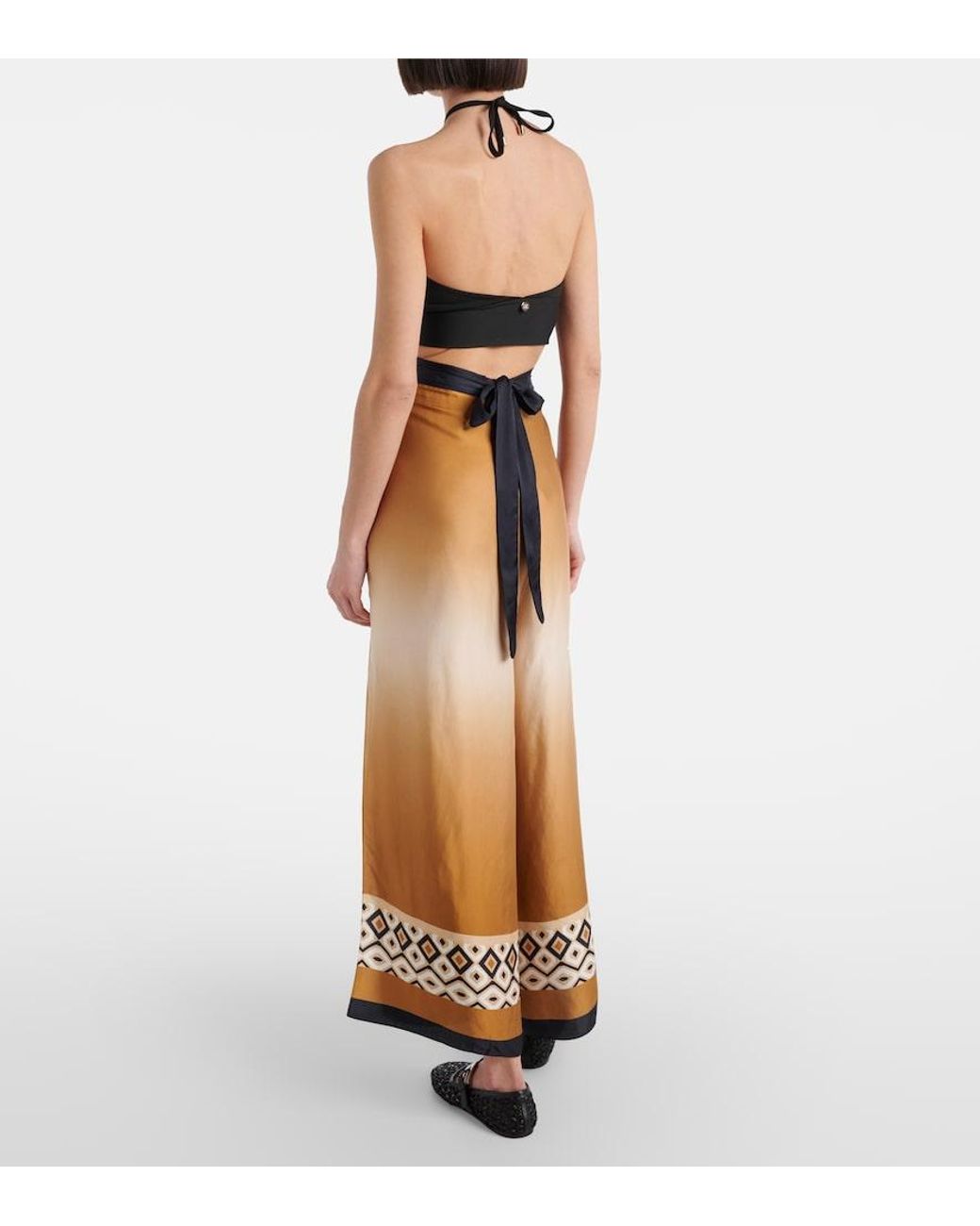 Max Mara Brown Printed Satin Cropped Wide-Leg Pants