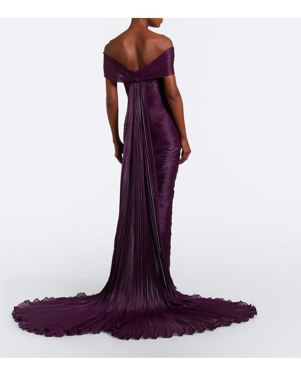 Marmar Halim Purple Pleated Off-Shoulder Bustier Gown