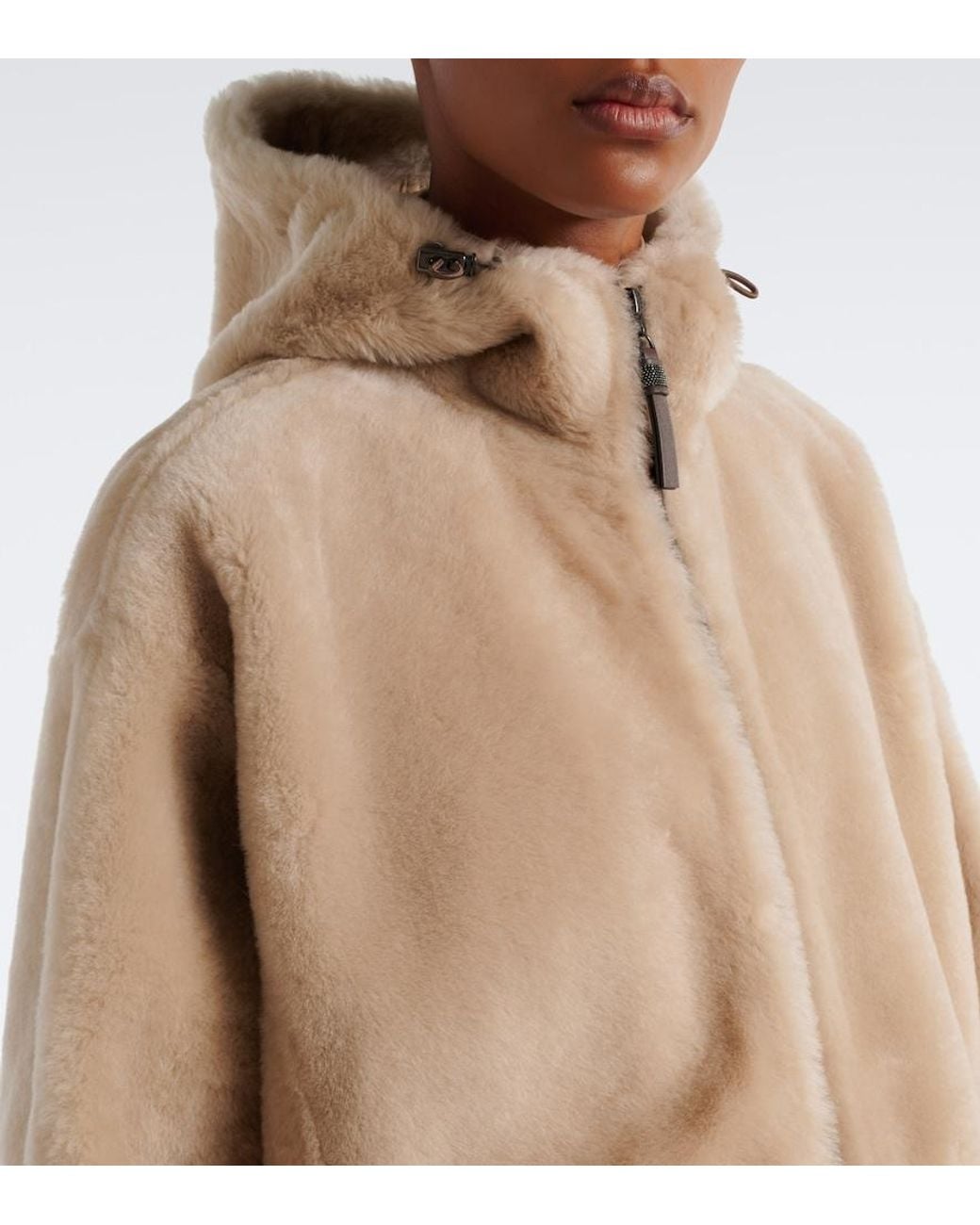 Brunello Cucinelli Natural Monili Hooded Shearling Jacket