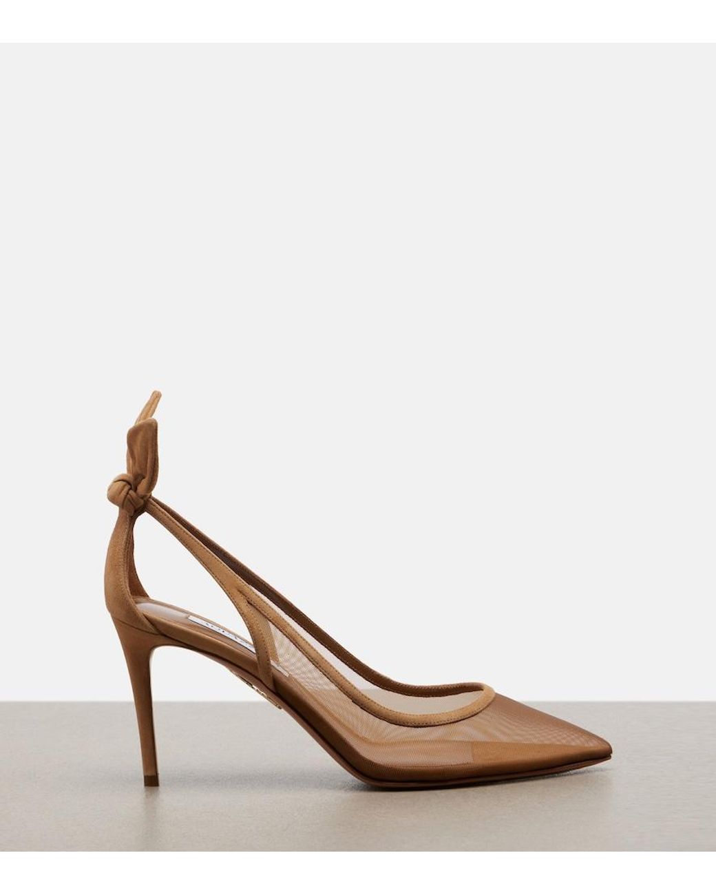 Aquazzura Brown Bow Tie Suede-Trimmed Mesh Pumps