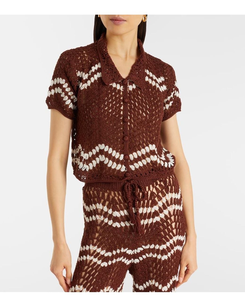 Anna Kosturova Brown Crochet Cropped Cotton Top