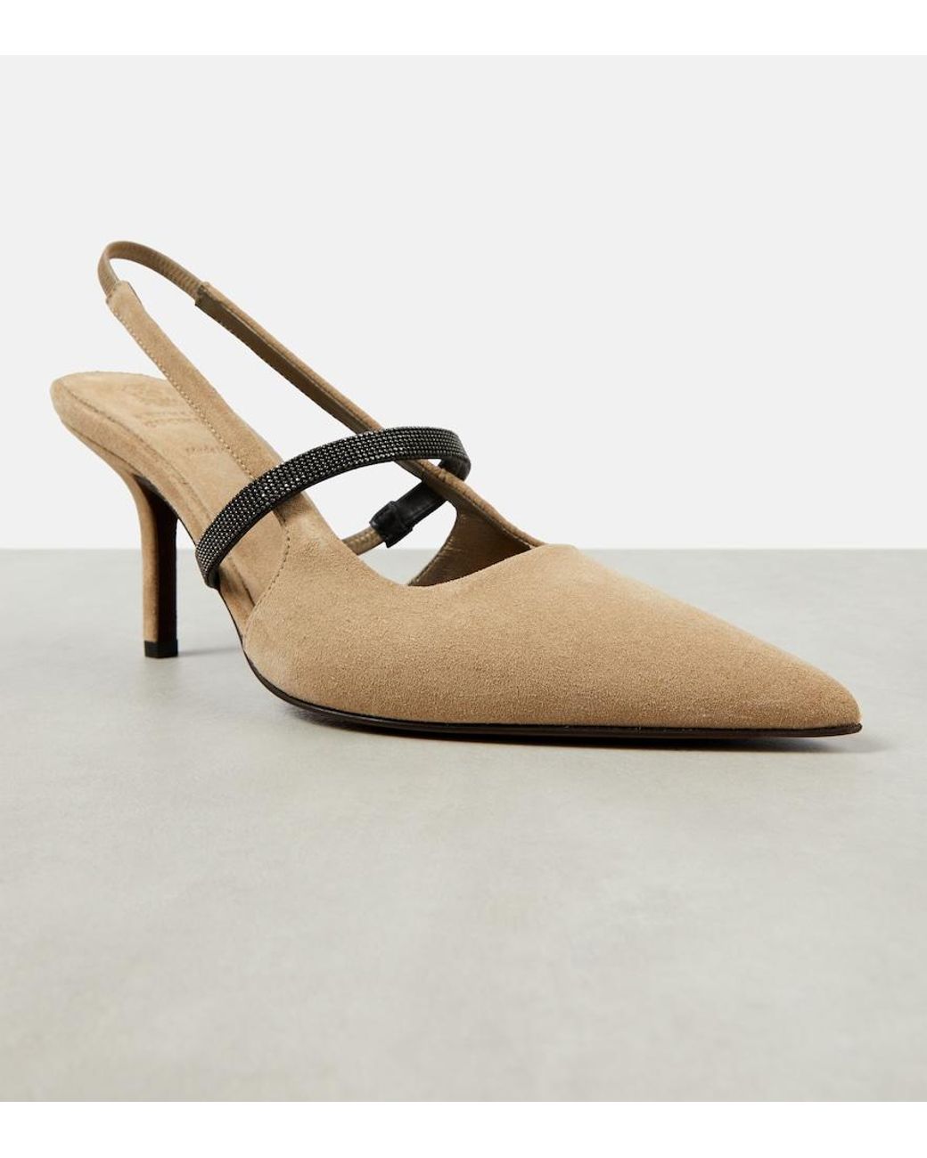 Brunello Cucinelli Natural Monili Suede Slingback Pumps