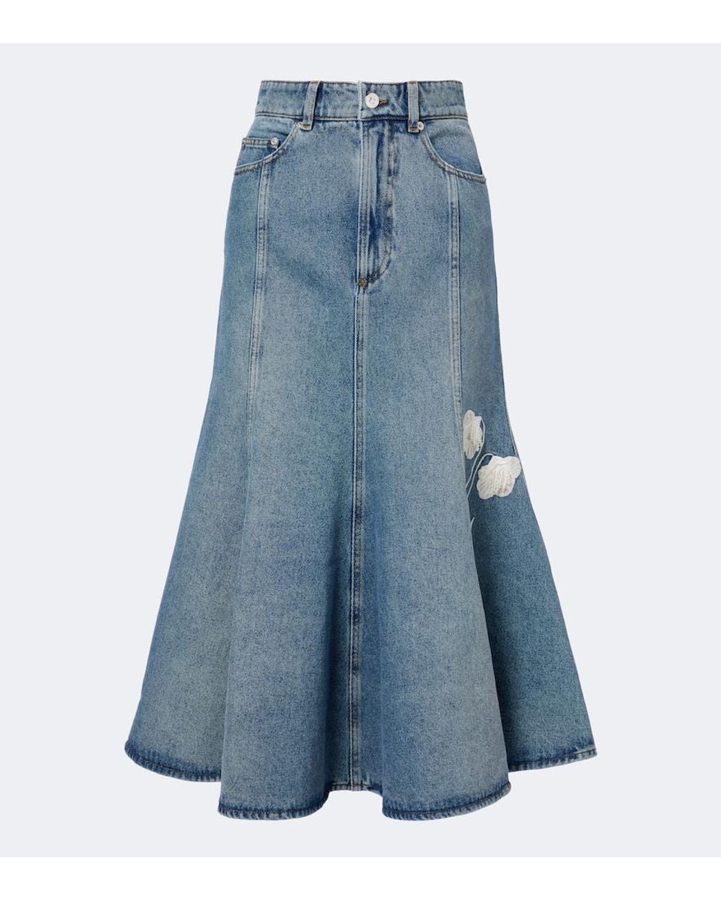 Erdem Blue Floral-Applique Denim Midi Skirt