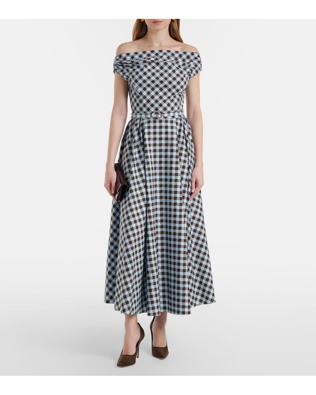 Oscar de la Renta Blue Gingham Cotton-Blend Midi Dress