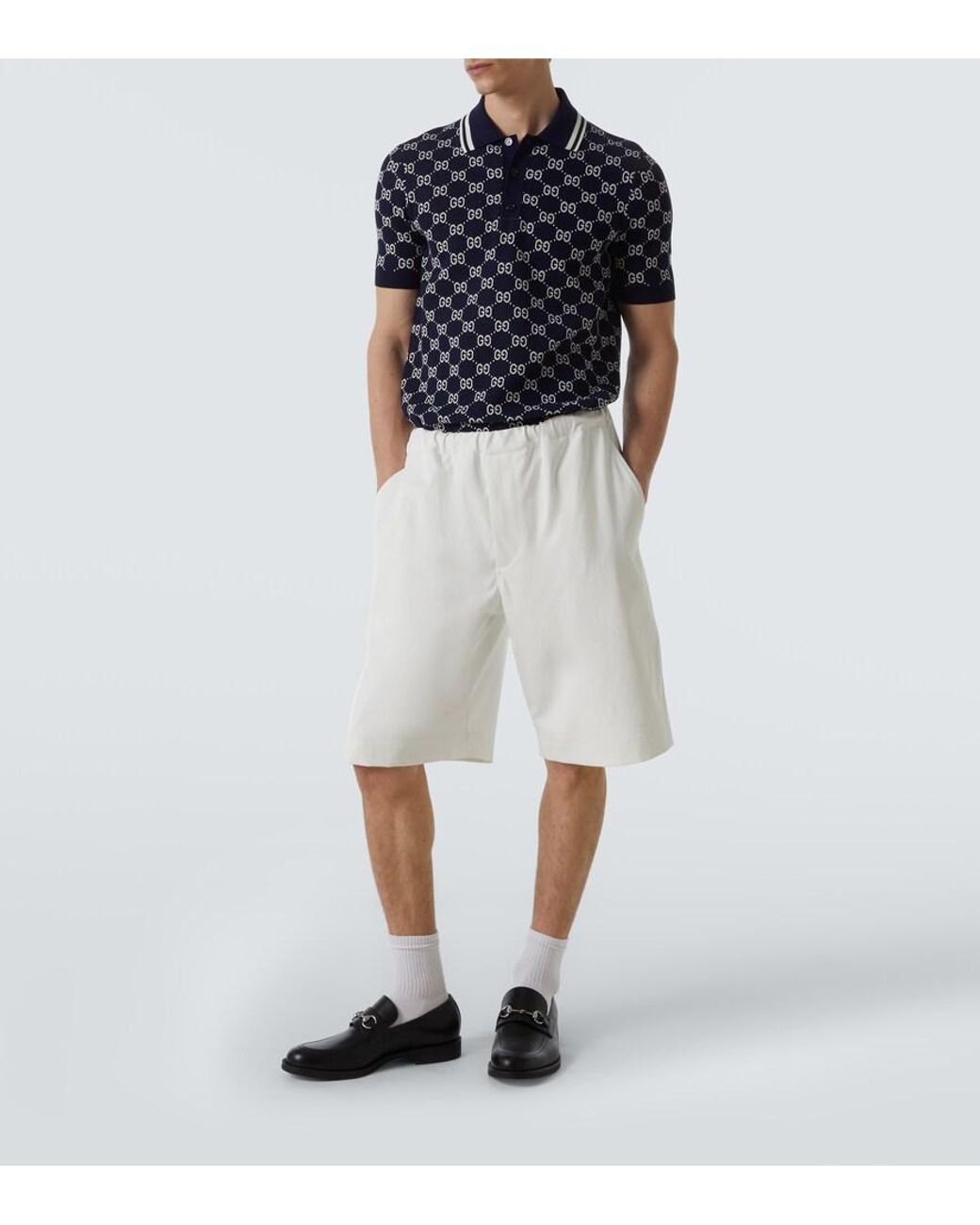 Gucci Blue Gg Cotton Knit Jacquard Polo Shirt for men