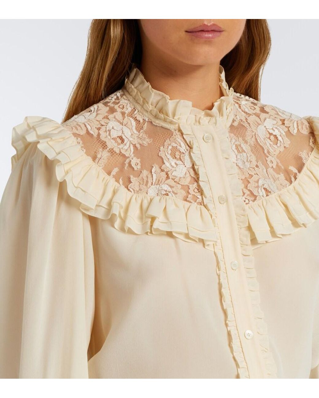 Chloé White Lace-Trimmed Silk Crepe De Chine Blouse