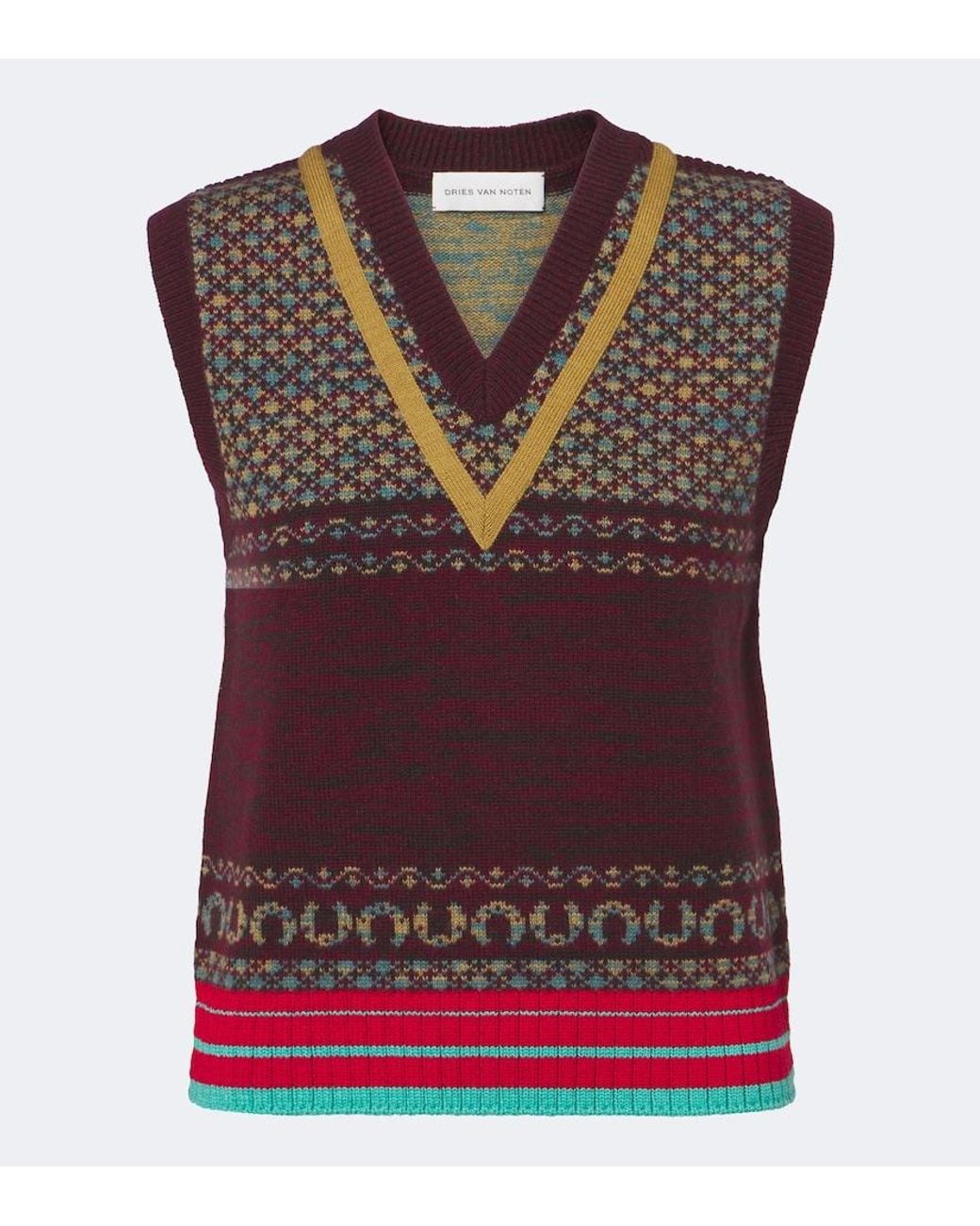 Dries Van Noten Red Jacquard Cashmere And Wool Vest