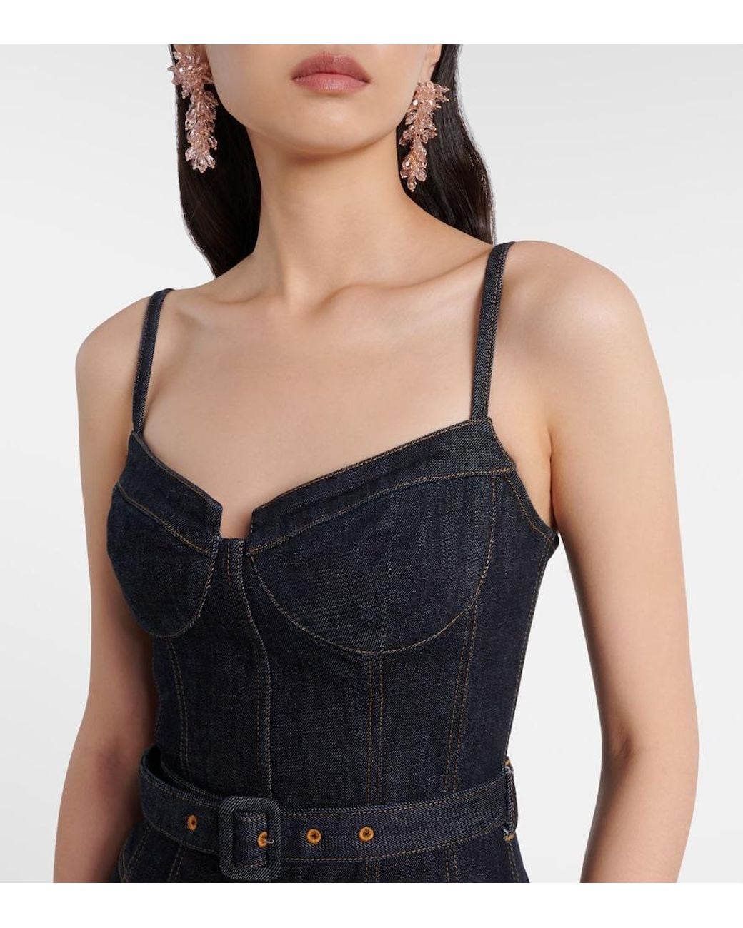 Vestido Bustier De Denim Con Cinturon Self-Portrait de color Blue