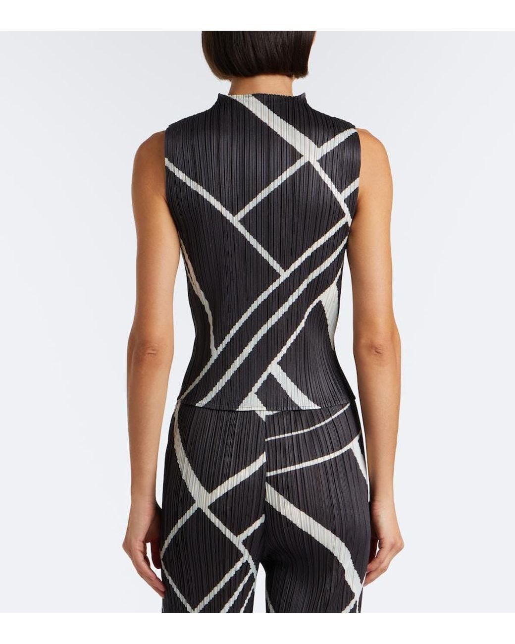 Pleats Please Issey Miyake Black Fold Line Pleated Printed Top