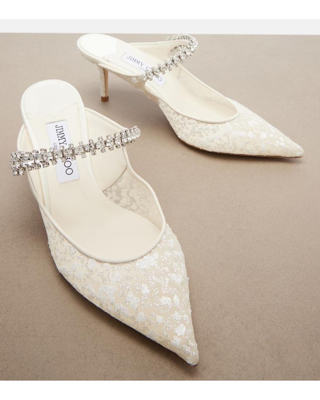 Jimmy Choo White Bing Embellished Leather-Trimmed Mules