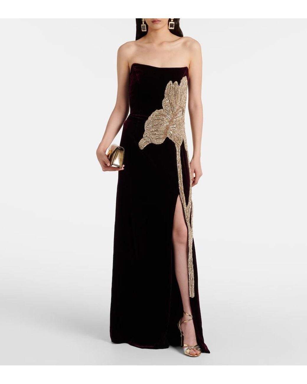 Costarellos Purple Crystal-Embellished Velvet Gown
