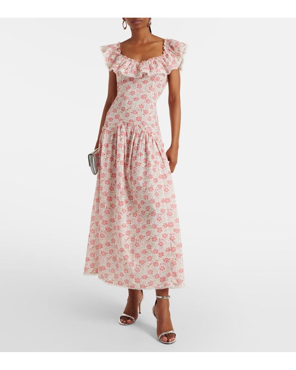 Rixo Pink Eugene Floral Ruffled Cotton Midi Dress