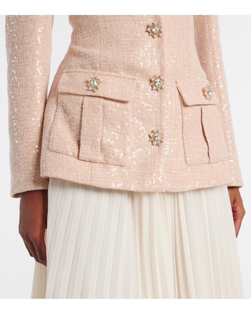 Self-Portrait Sequined Boucle And Chiffon Midi Dress in Natural | Lyst