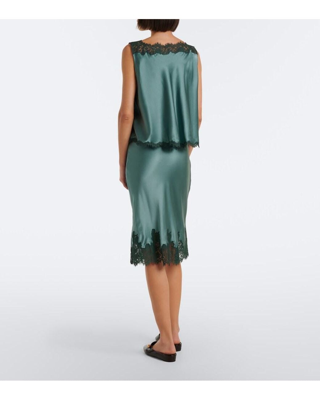 Doen Green Elowette Lace-Trimmed Silk Satin Midi Skirt