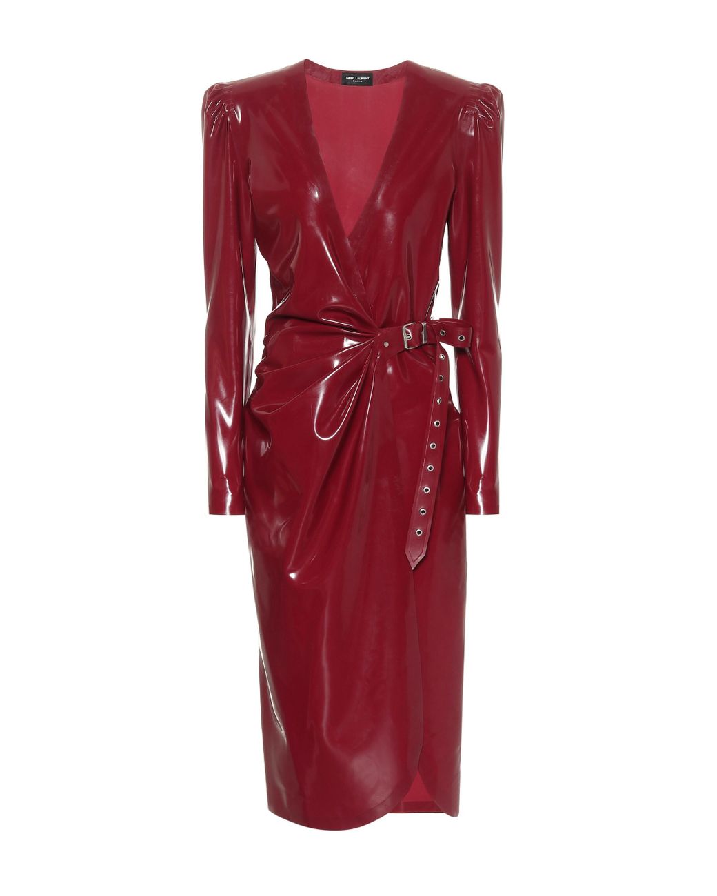Saint Laurent Latex Wrap Midi Dress in Red | Lyst