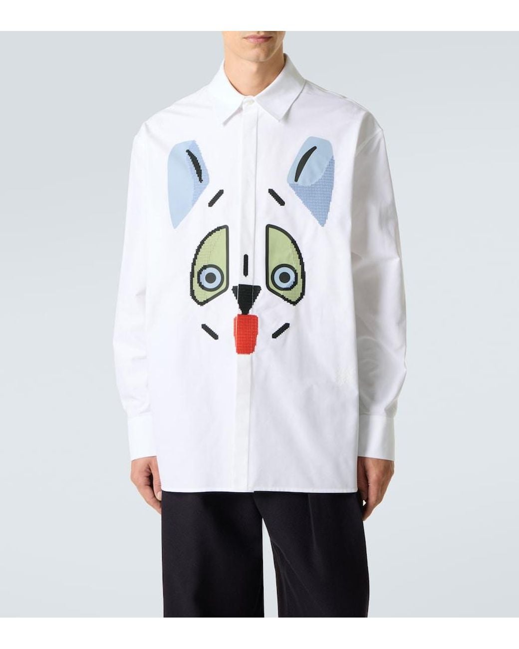 Loewe White Cat Face Embroidered Cotton Shirt for men