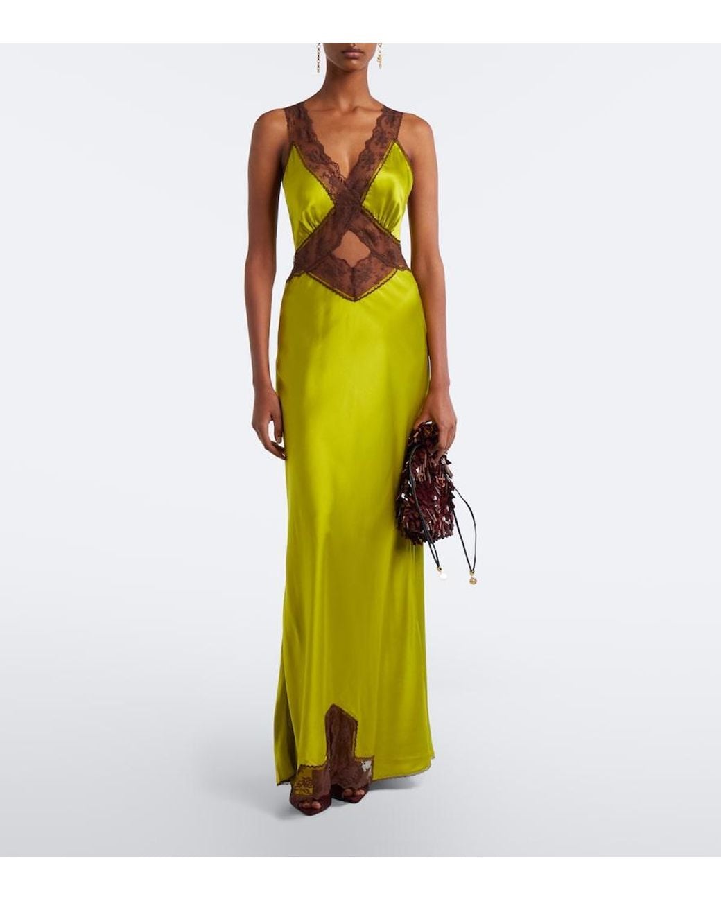 Sir Yellow Aries Cut-Out Lace-Trimmed Silk Slip Dress
