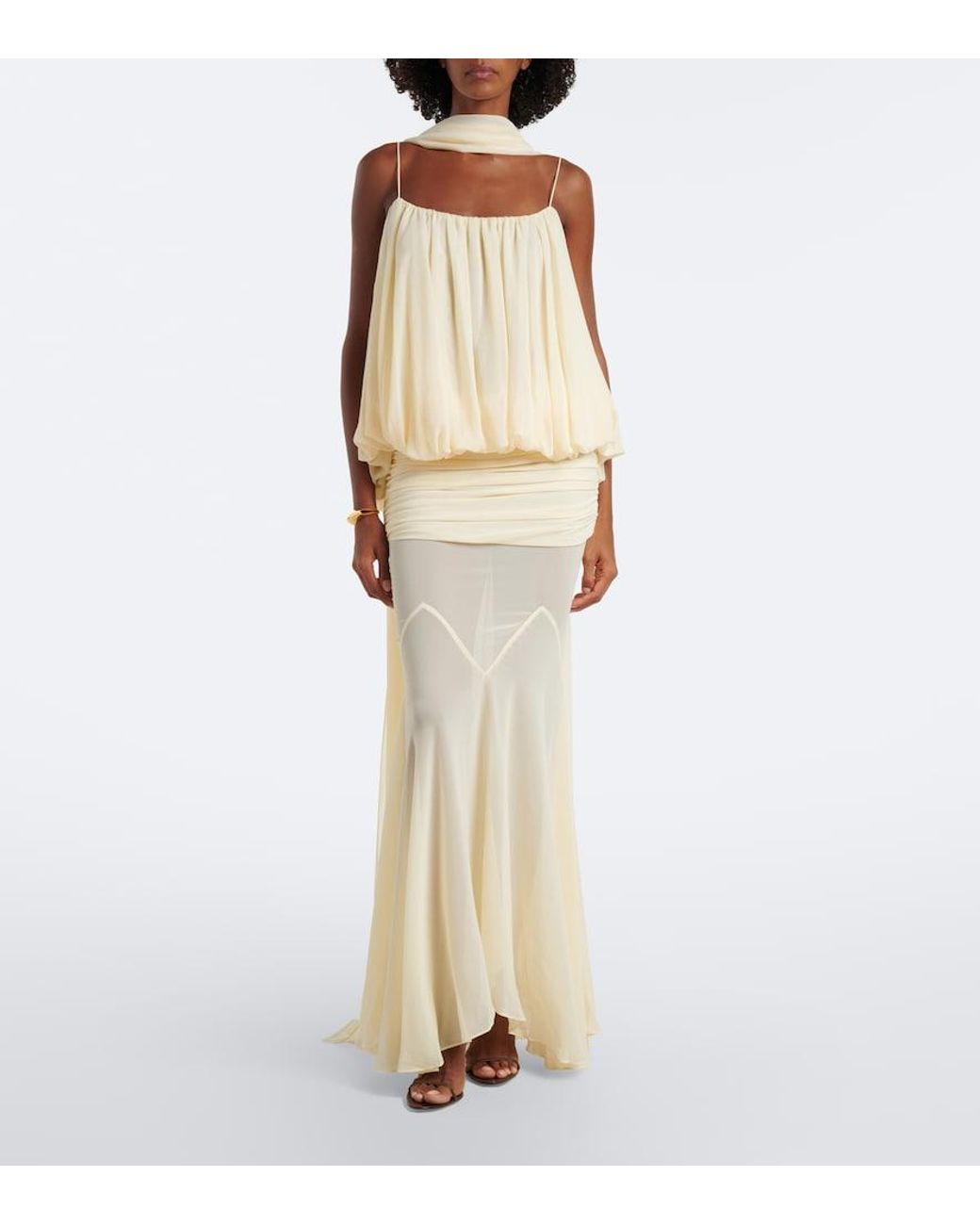 De La Vali White Inara Gathered Chiffon Maxi Dress