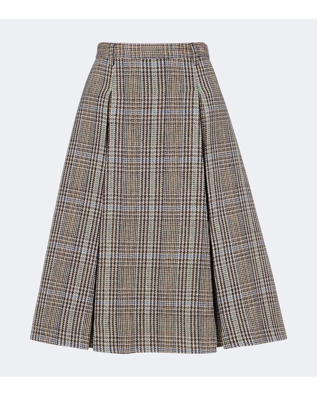 Acne Gray Checked Pleated Wool Midi Skirt