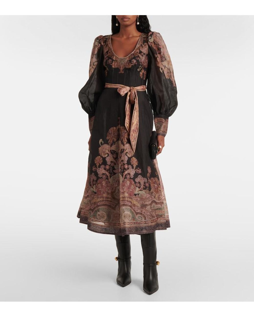 Zimmermann Black Printed Linen And Silk-Blend Organza Midi Dress