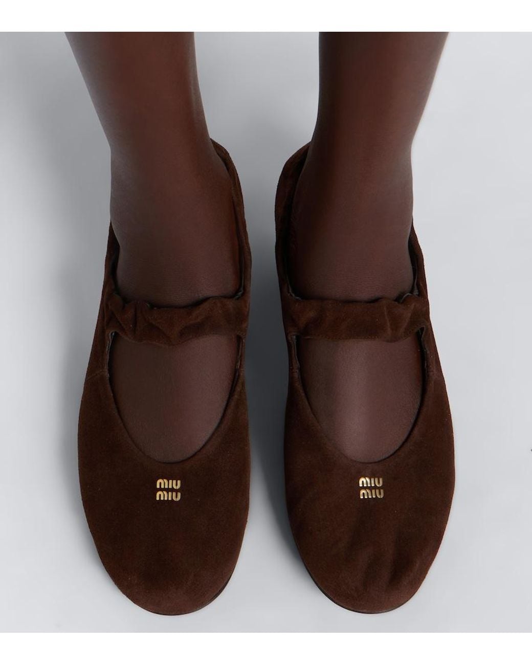 Miu Miu Brown Ruches Suede Mary Jane Flats