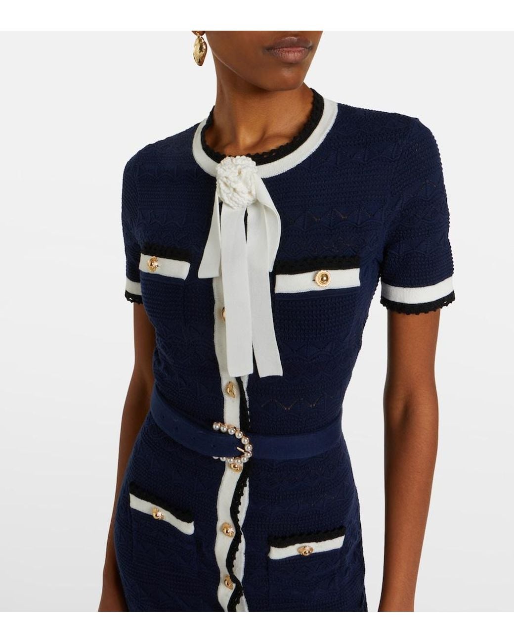 Self-Portrait Blue Bow-Detail Pointelle Cotton-Blend Midi Dress