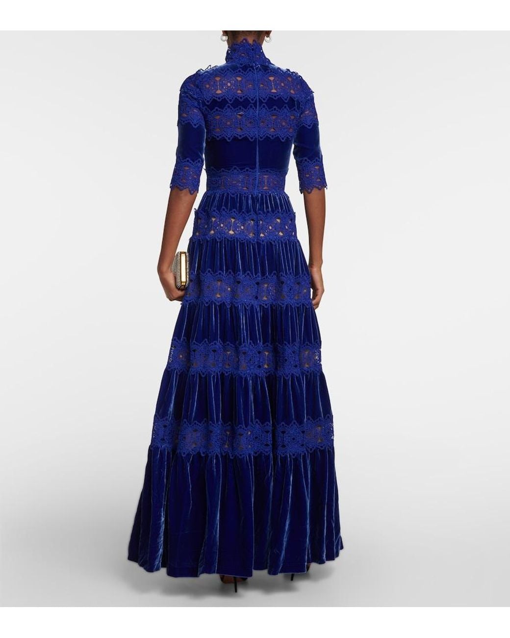 Costarellos Blue Lissie Lace And Velvet Gown