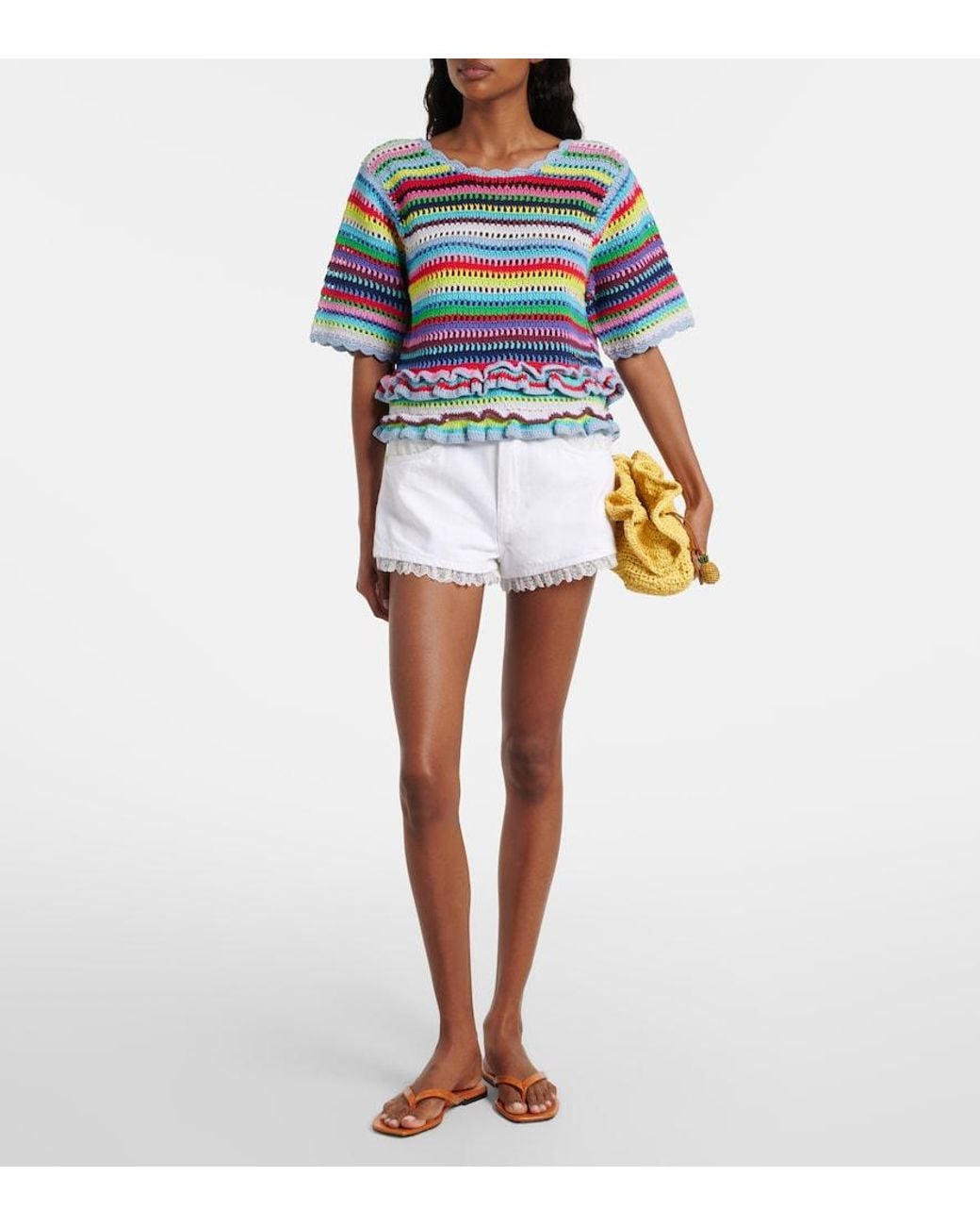 Ganni White Lace-Trimmed Denim Shorts