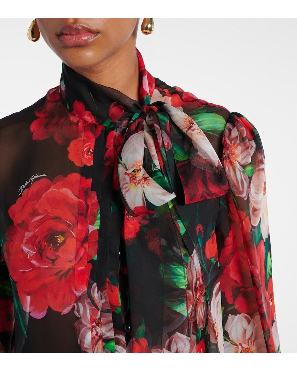 Dolce & Gabbana Red Floral Tie-Neck Silk Organza Blouse