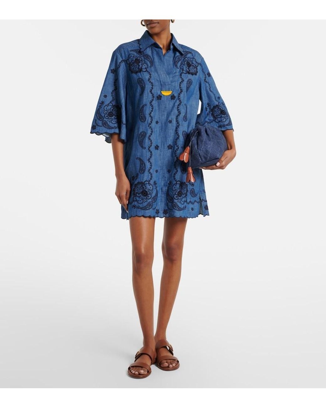 Zimmermann Blue Embroidered Cotton Chambray Minidress
